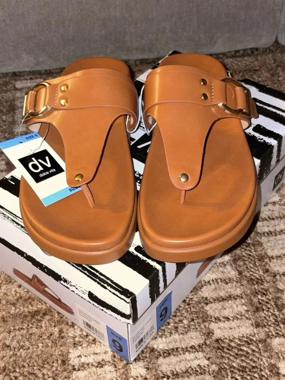 DV Dolce Vita Women's Camel Brown Slide Sandals Gold Buckle Size 9 New with Box